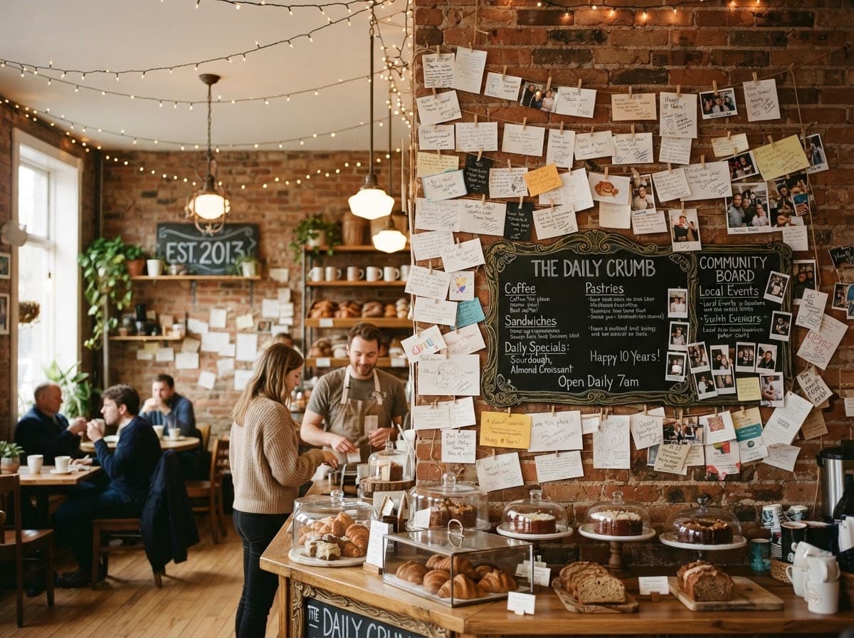 Cafetería de barrio con notas de cariño